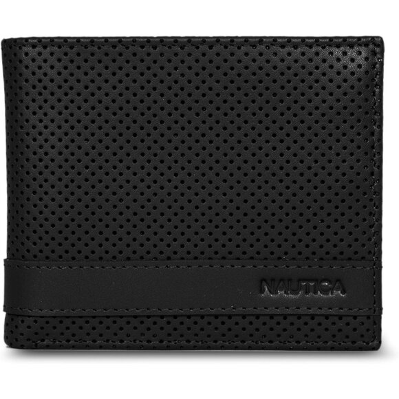 Nautica Men's Bifold Leather Wallet Black RFID Blocking ID Window Card Slots - Picture 1 of 7